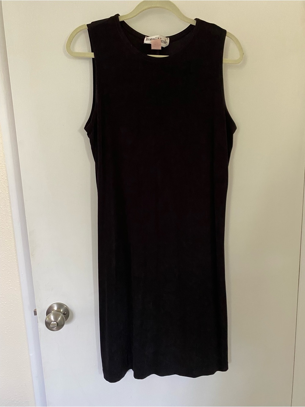 Vintage 90s Black Sleeveless Midi Dress Acetate Stretchy Flowy Classic Size 16